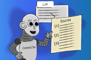 a cartoon illustration of Correct Cite pulling sources from an AI- derived article