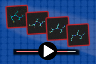 Images of a molecule as if being shown in an online video player.